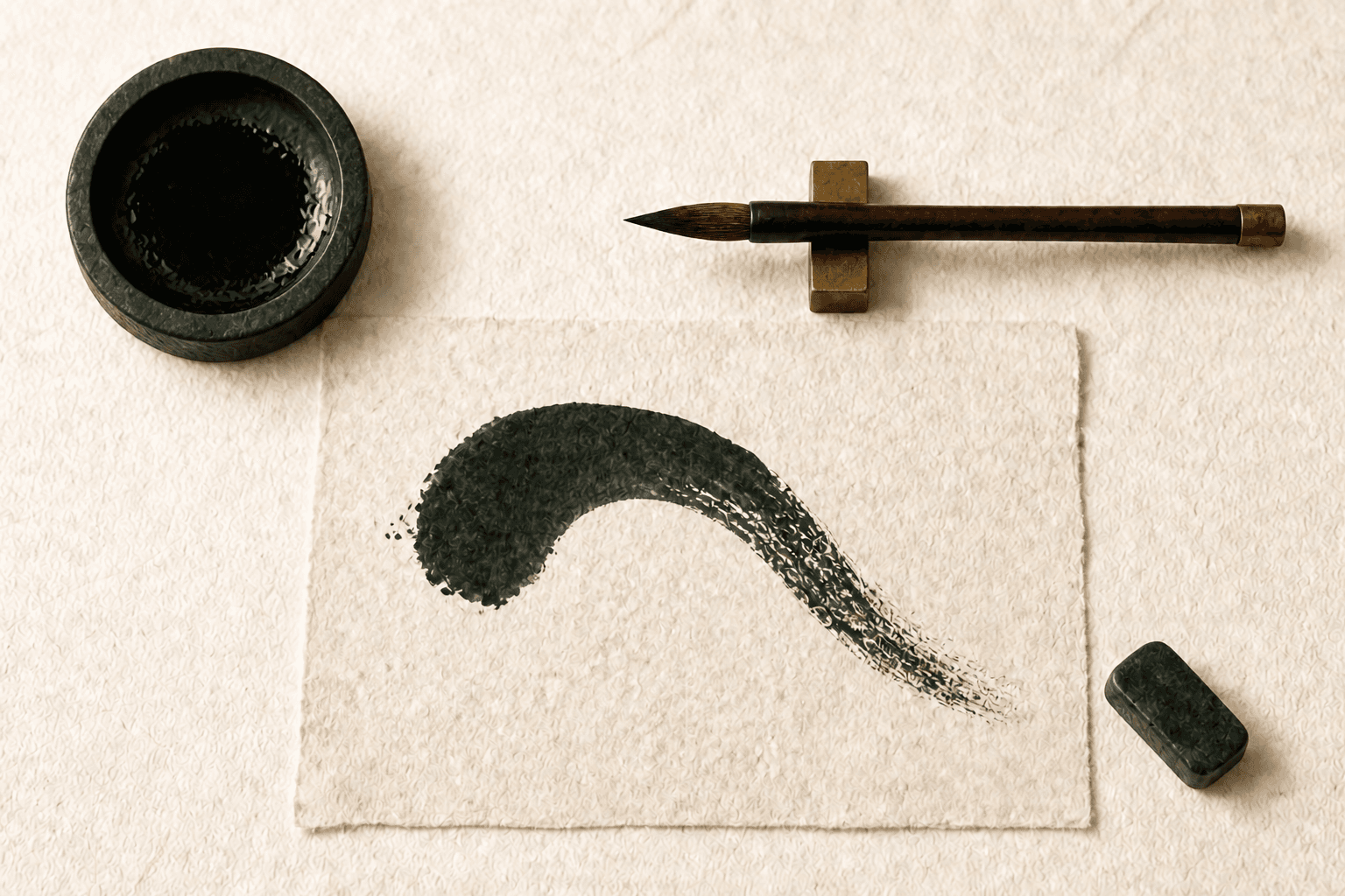 A calligrapher's desk seen from above — brush, ink stone, and a single ink stroke on hanji paper