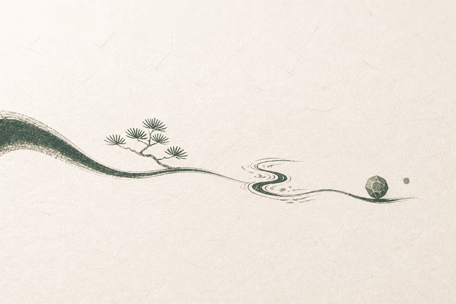 A single ink brushstroke on hanji paper unfolding into pine, river, and jewel motifs