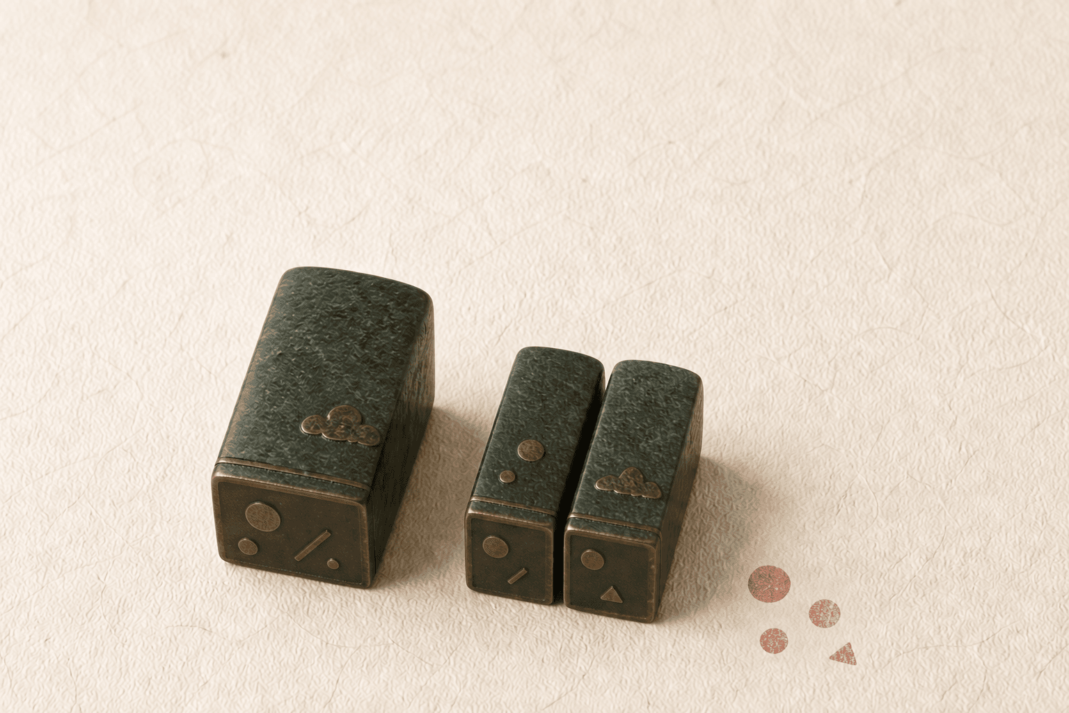 Three Korean stone name seals resting on hanji paper — one apart for the family name, two paired for the given name