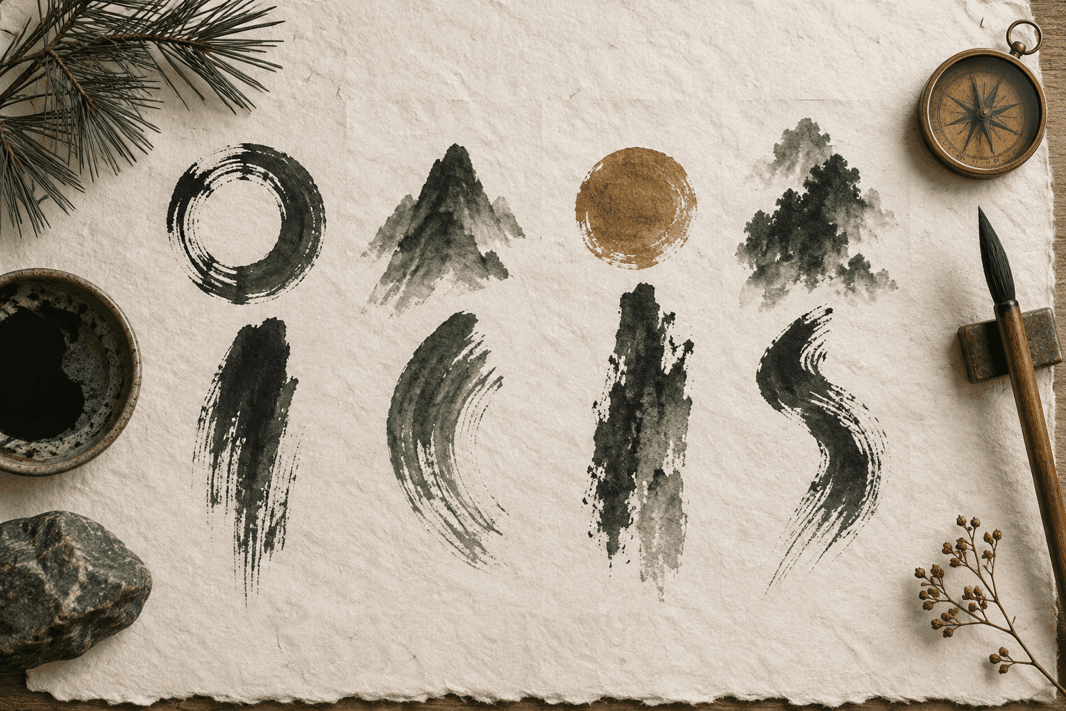 Four vertical ink-brush columns on hanji paper, each a pair of abstract brush marks, beside a small brass compass