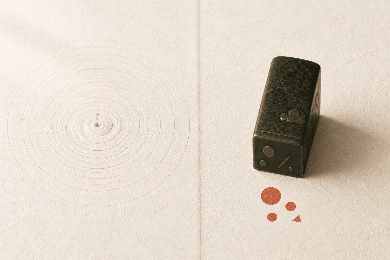 Split composition on hanji paper — sound ripples on one side, a carved seal pressed on the other
