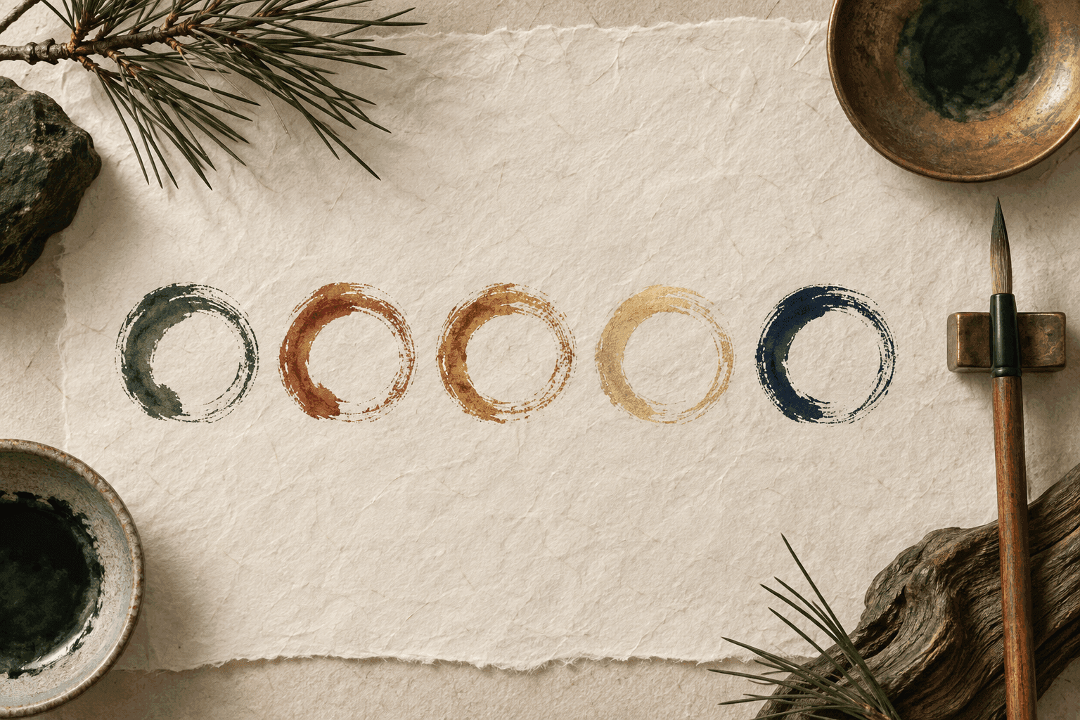 Five small ink-brush circles in a row on hanji paper — one each in green, red, ochre, white-gold and deep blue — with a single brush resting beside them